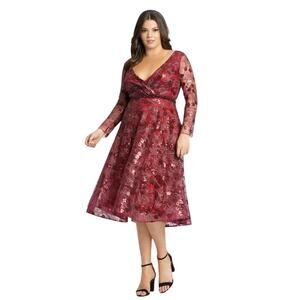 MAC DUGGAL Dress Size 16 / Size 16W Evening Gown Sequin Midi Maroon Red Floral